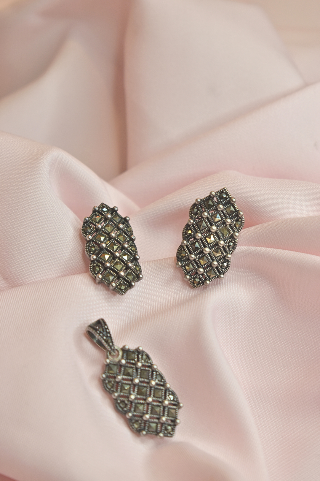 Intricate Marcasite Earrings and Pendant Set