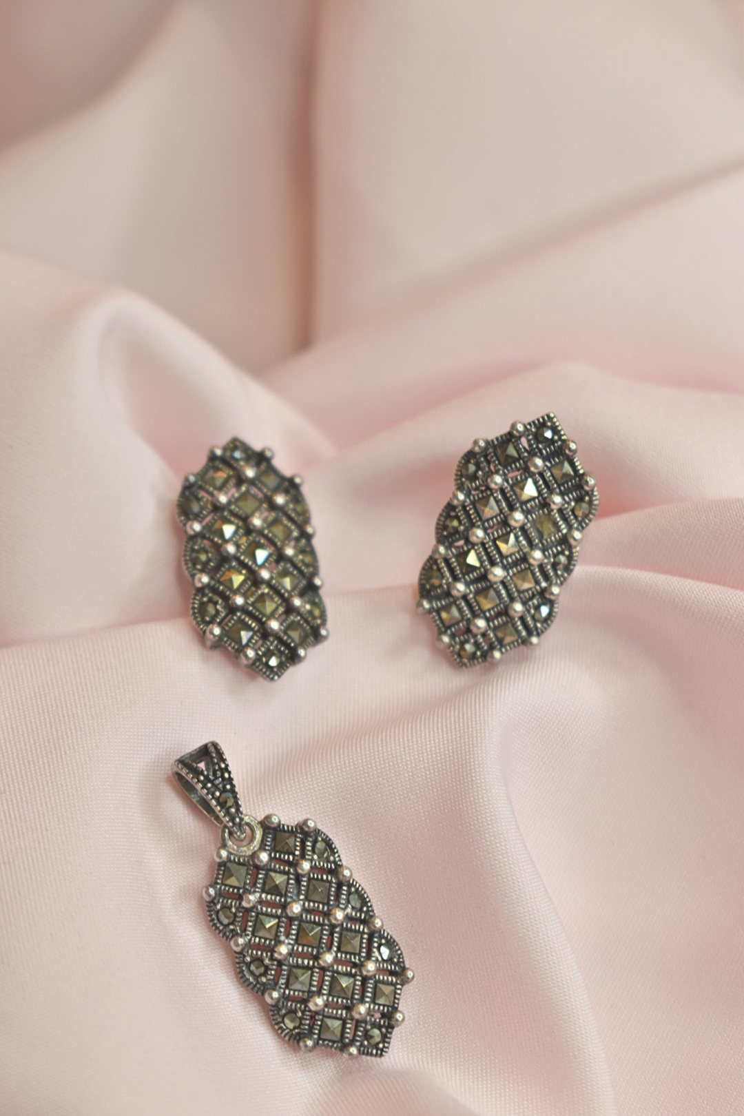 Intricate Marcasite Earrings and Pendant Set