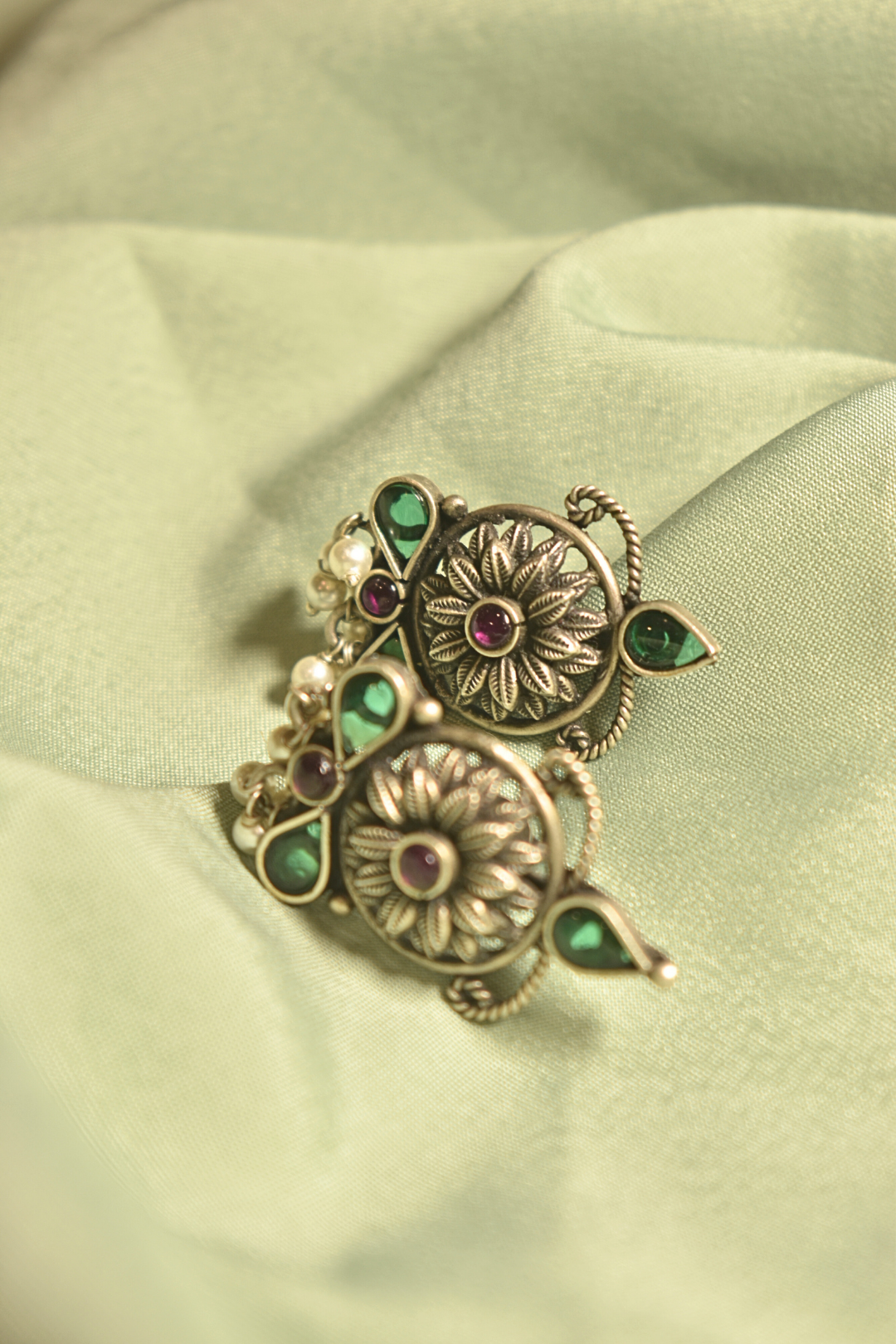 Vintage Bloom Floral Silver Earrings with Emerald Accents