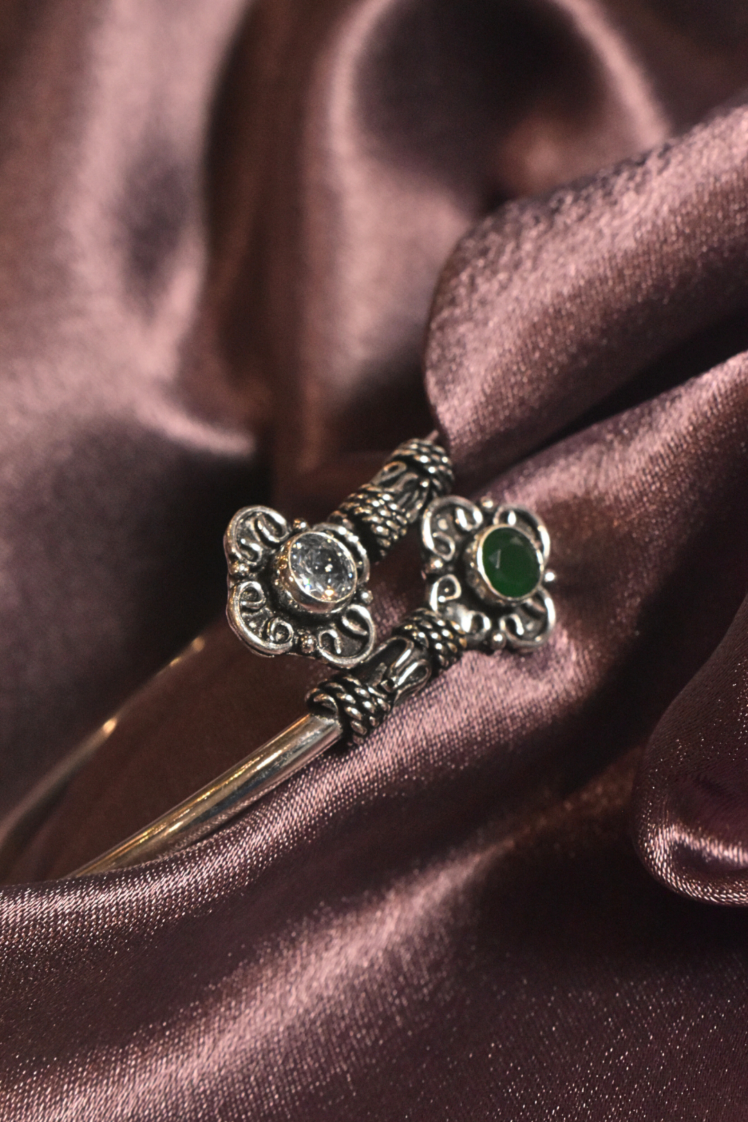 Vintage Charm Dual Stone Open Bangle with Ornate Floral Design