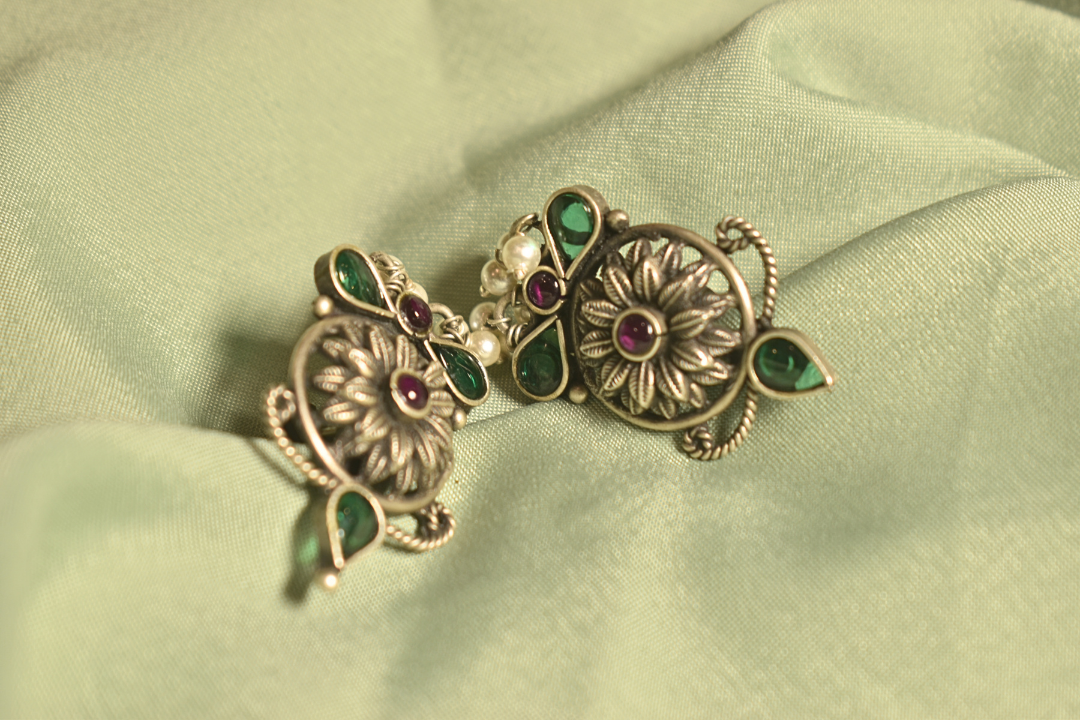 Vintage Bloom Floral Silver Earrings with Emerald Accents