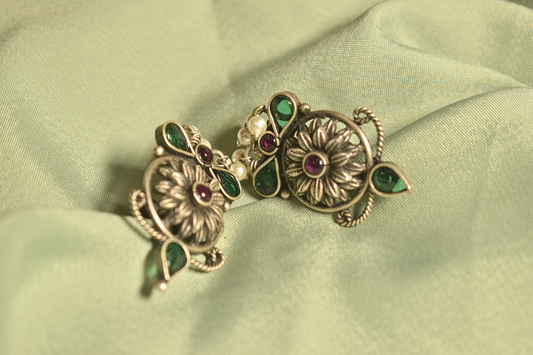 Vintage Bloom Floral Silver Earrings with Emerald Accents