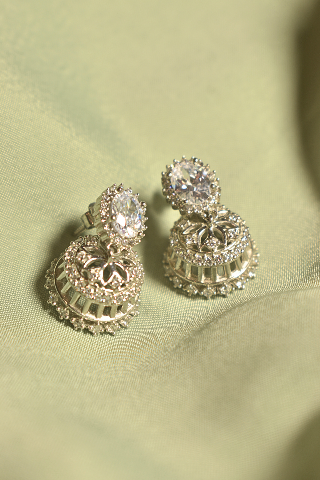 Regal Charm Crystal-Studded Silver Dome Earrings