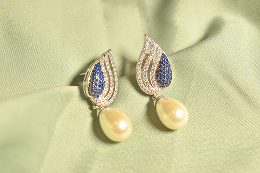 Oceanic Grace Sapphire Silver Earrings with Pearl Drops