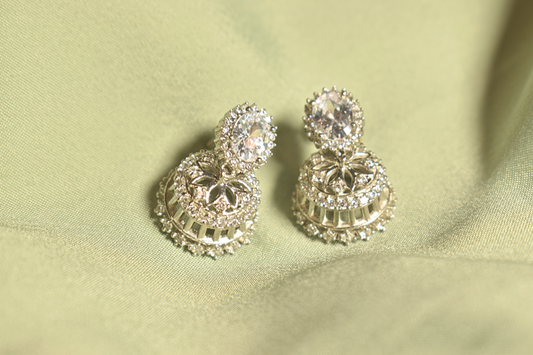 Regal Charm Crystal-Studded Silver Dome Earrings