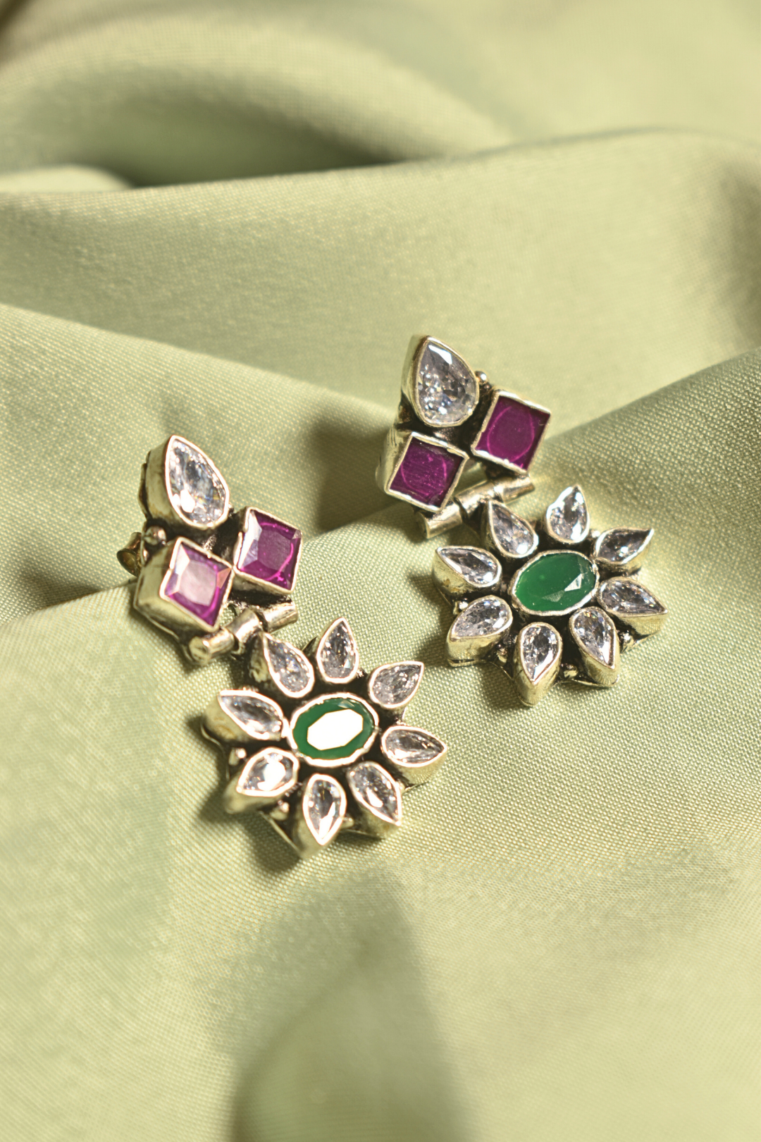 Dual Bloom Ruby & Emerald Floral Earrings