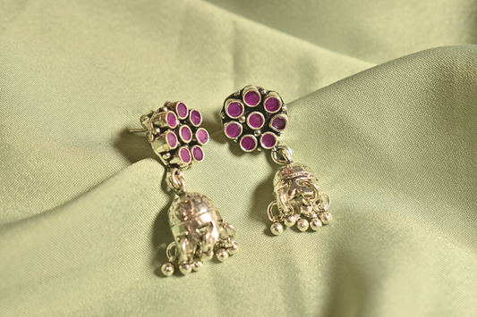 Blooming Grace Floral Silver Earrings with Jhumka Charm