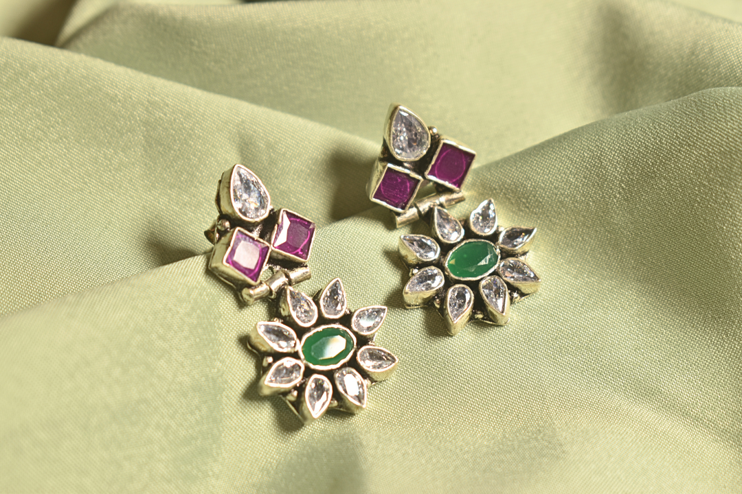 Dual Bloom Ruby & Emerald Floral Earrings