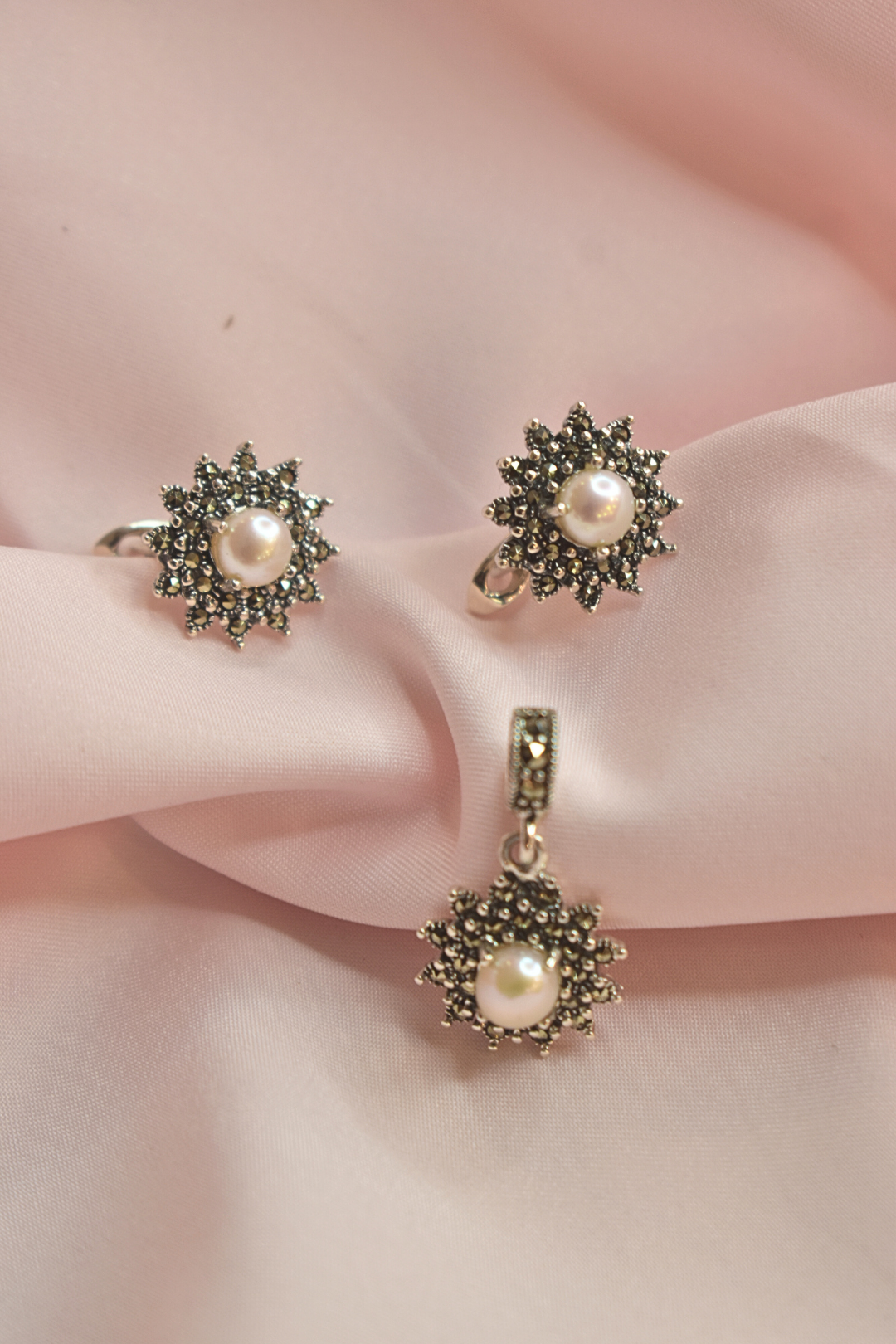 Pearl and Marcasite Sunflower Earrings and Pendant Set