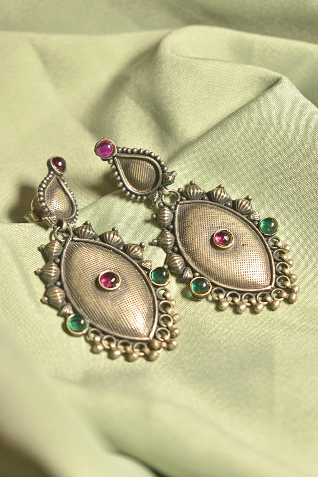 Heritage Elegance Antique Silver Danglers with Gemstone Highlights