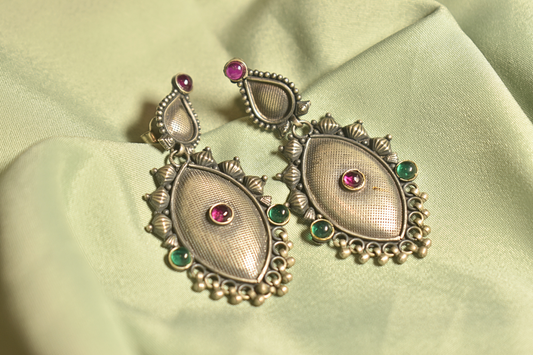 Heritage Elegance Antique Silver Danglers with Gemstone Highlights