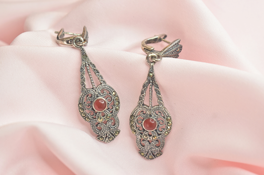 Vintage Red Cabochon Earrings and Pendant Set