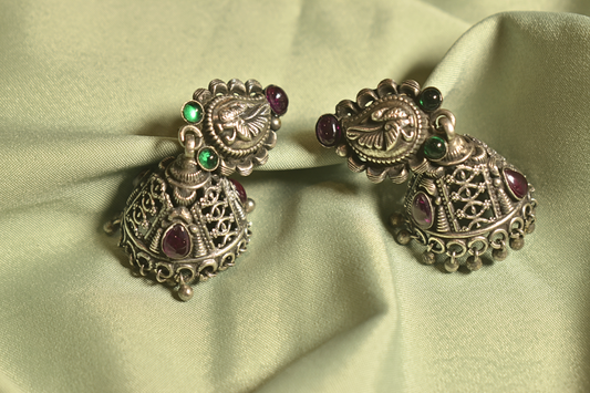 Regal Enchantment Intricate Silver Jhumkas with Gemstone Details