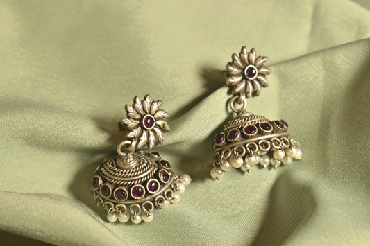 Vintage Bloom Floral Jhumka Earrings with Pearl Drops