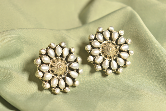 Pearl Radiance Floral Silver Stud Earrings