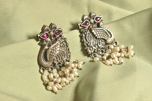 Majestic Peacock Silver Earrings with Pearl Drops