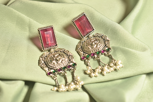 Royal Grace Silver Chandbali Earrings with Ruby and Pearl Accents