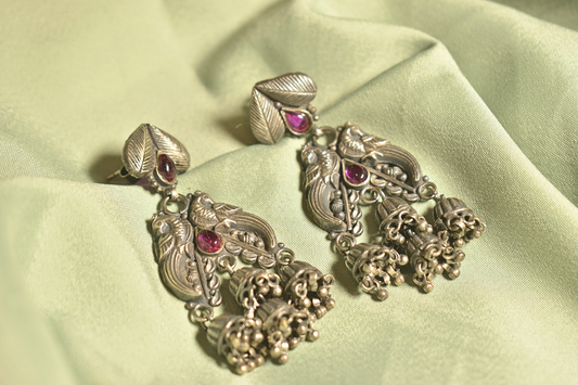 Peacock Splendor Intricate Silver Danglers with Ruby Highlights