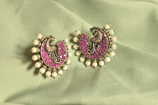 Peacock Majesty Ruby-Studded Crescent Earrings with Pearl Detailing