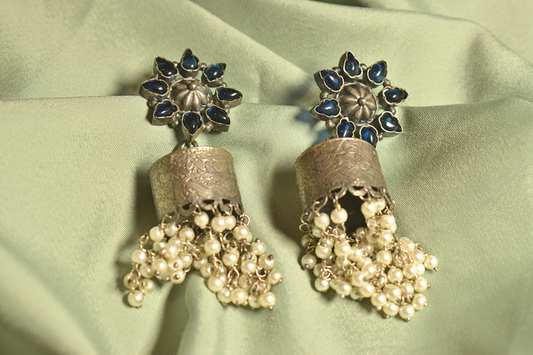 Blue Blossom Elegance Silver Jhumka Earrings with Pearl Cascades