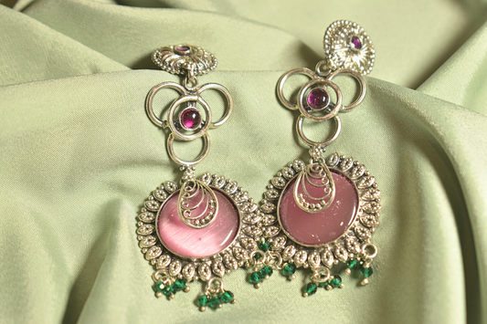 Pink Radiance Silver Drop Earrings with Green Accents