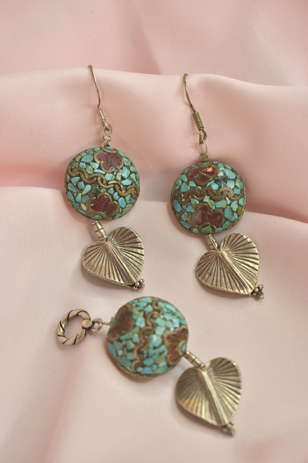 Vintage Floral Enamel Pendant and Earrings Set with Heart Details
