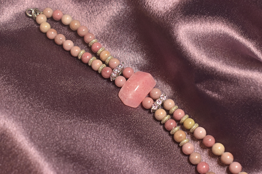 Blush Pink Beaded Bracelet with Crystal Accents and Centerpiece Charm