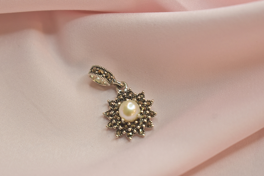 Pearl and Marcasite Sunflower Earrings and Pendant Set
