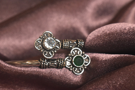 Vintage Charm Dual Stone Open Bangle with Ornate Floral Design