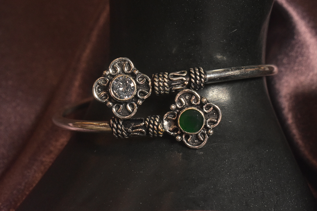 Vintage Charm Dual Stone Open Bangle with Ornate Floral Design