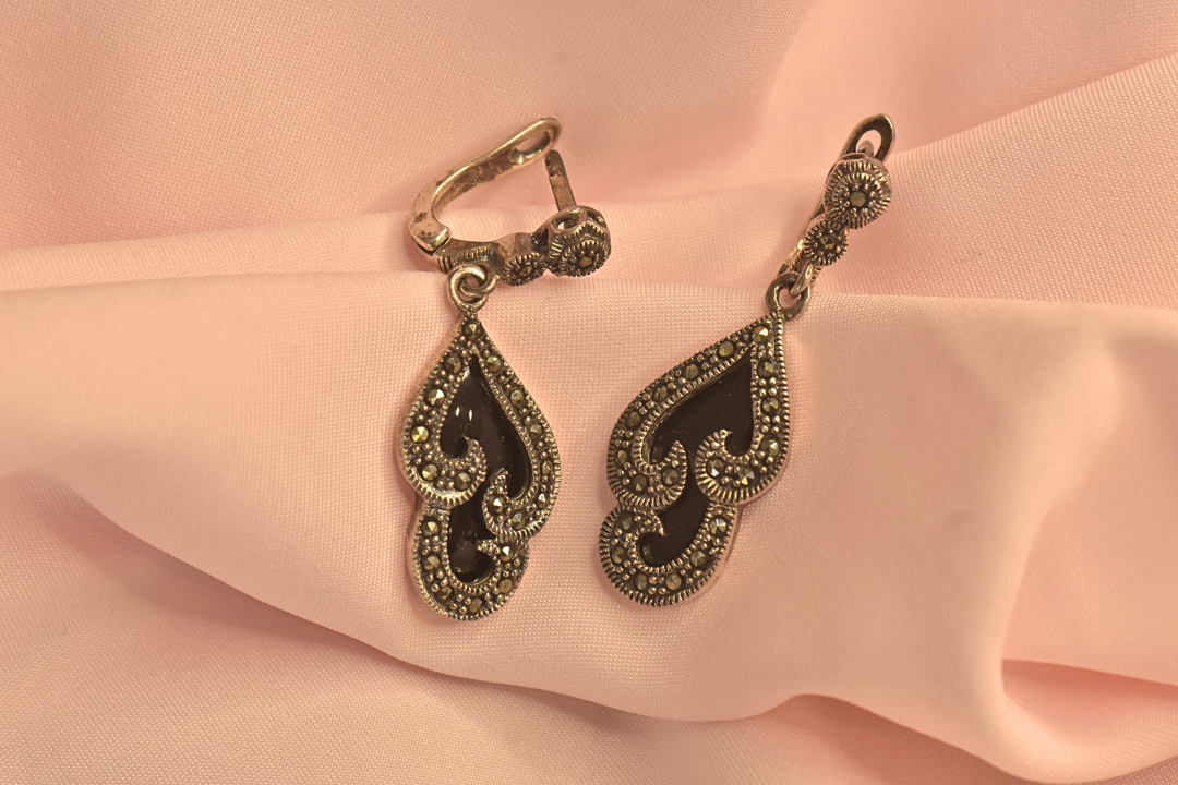 Vintage Marcasite Drop Earrings and Pendant Set