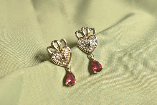 Heart-Crown Drop Earrings with Ruby Accents