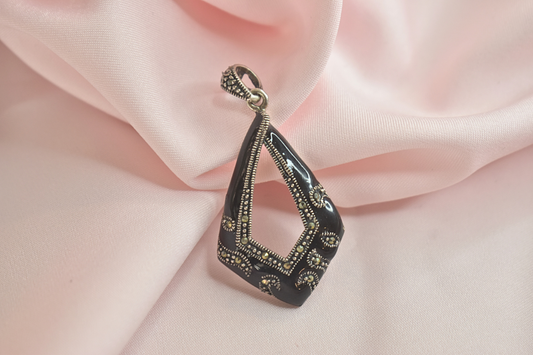 Vintage-Inspired Black Enamel Earrings  and  Pendant with Intricate Silver Detailing
