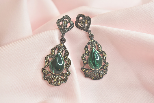 Elegant Green Malachite Stone Earrings and Pendant Set with Intricate Filigree Design