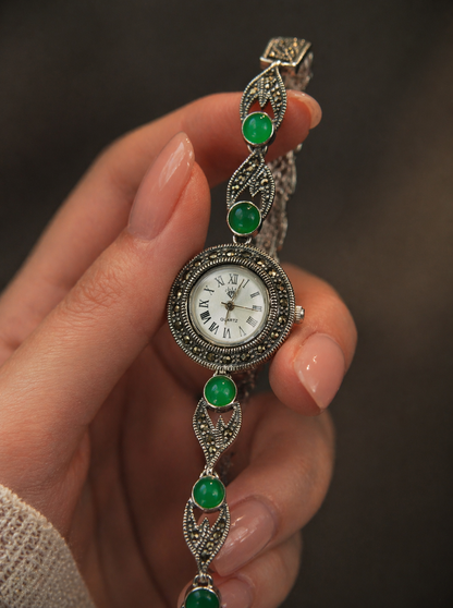Regal Marcasite & Green Stone Link Watch