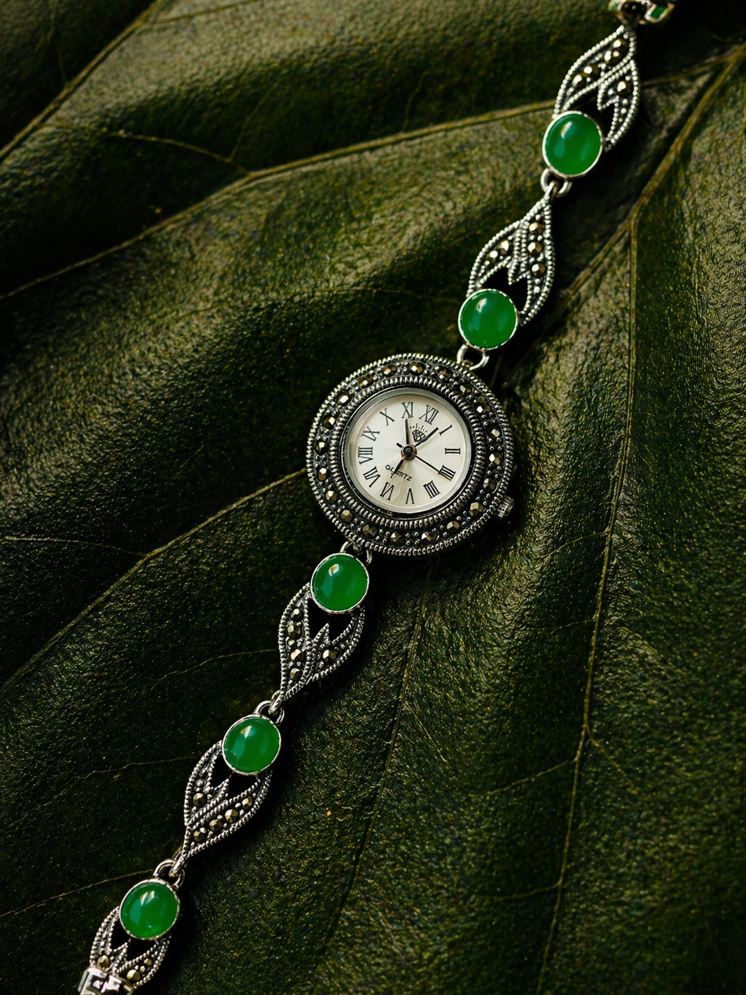 Regal Marcasite & Green Stone Link Watch