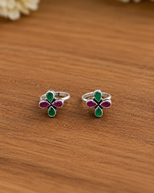 The Ornate Green & Red CZ Toe Ring
