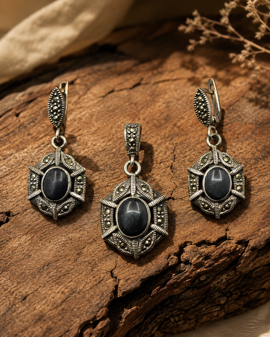 Noir Black Stone Marcasite Set