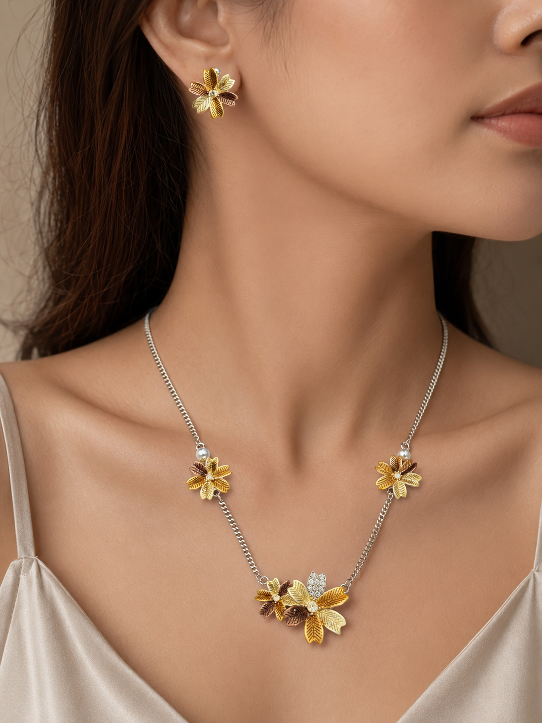 Earthy Brown Flower Necklace & Earring Set
