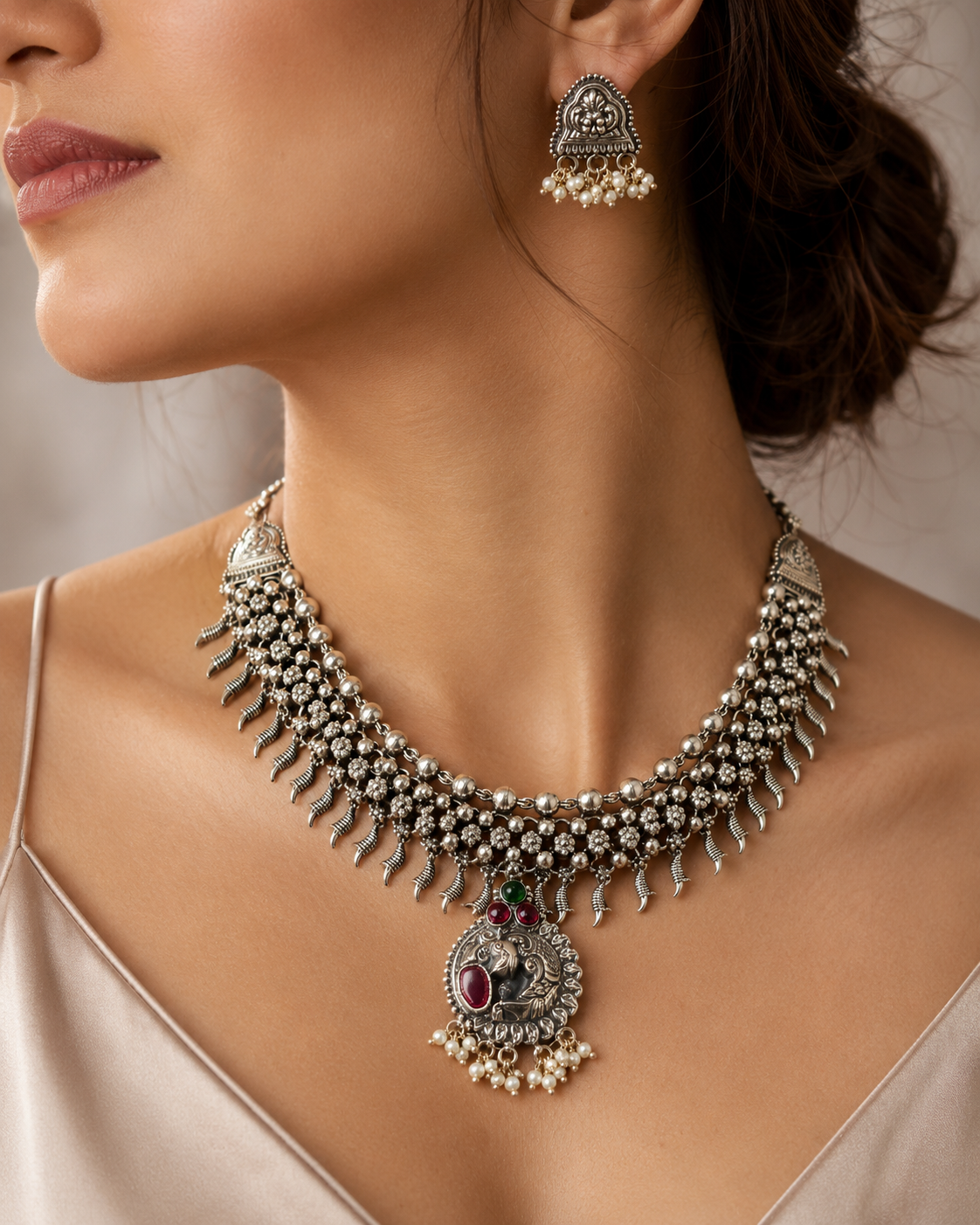 Antique Silver Short Necklace & Earring Set