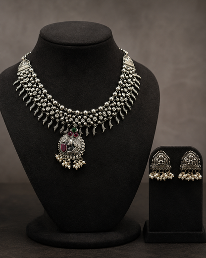Antique Silver Short Necklace & Earring Set