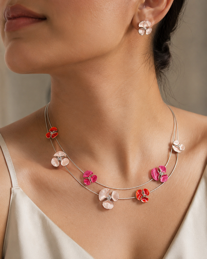 Ruby-Toned Red Flower Necklace & Earring Set