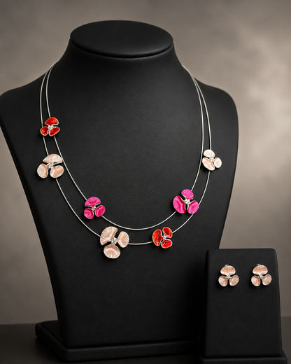 Ruby-Toned Red Flower Necklace & Earring Set