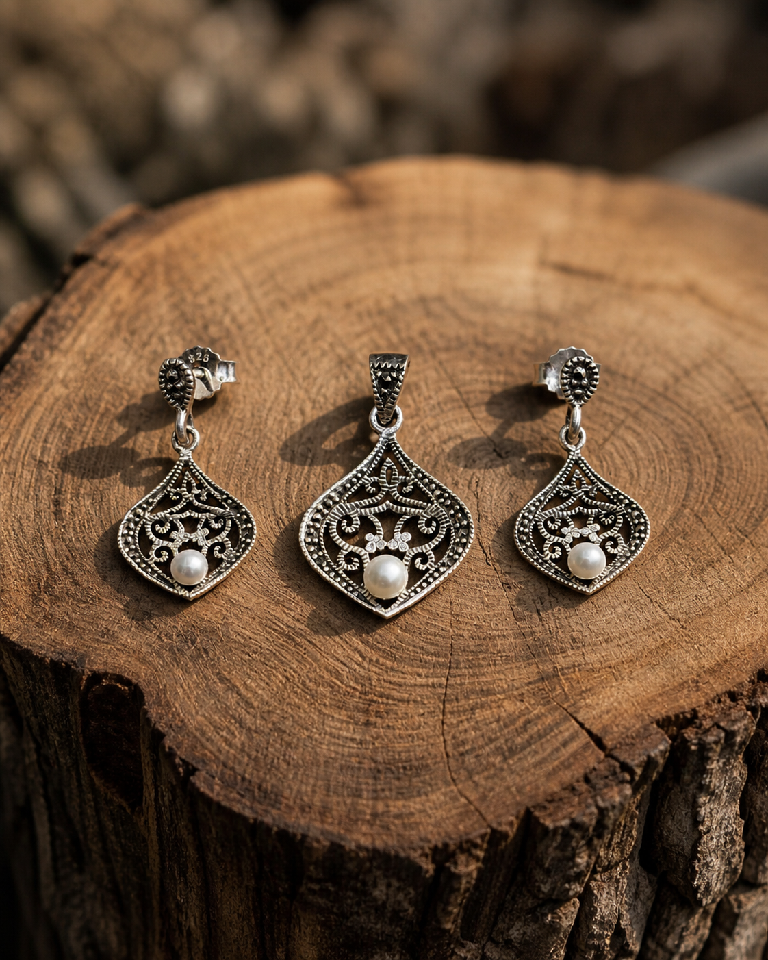 Luminous Pearl Marcasite Set